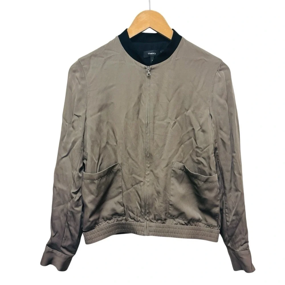 THEORY Baharah Silk Bomber Jacket green black